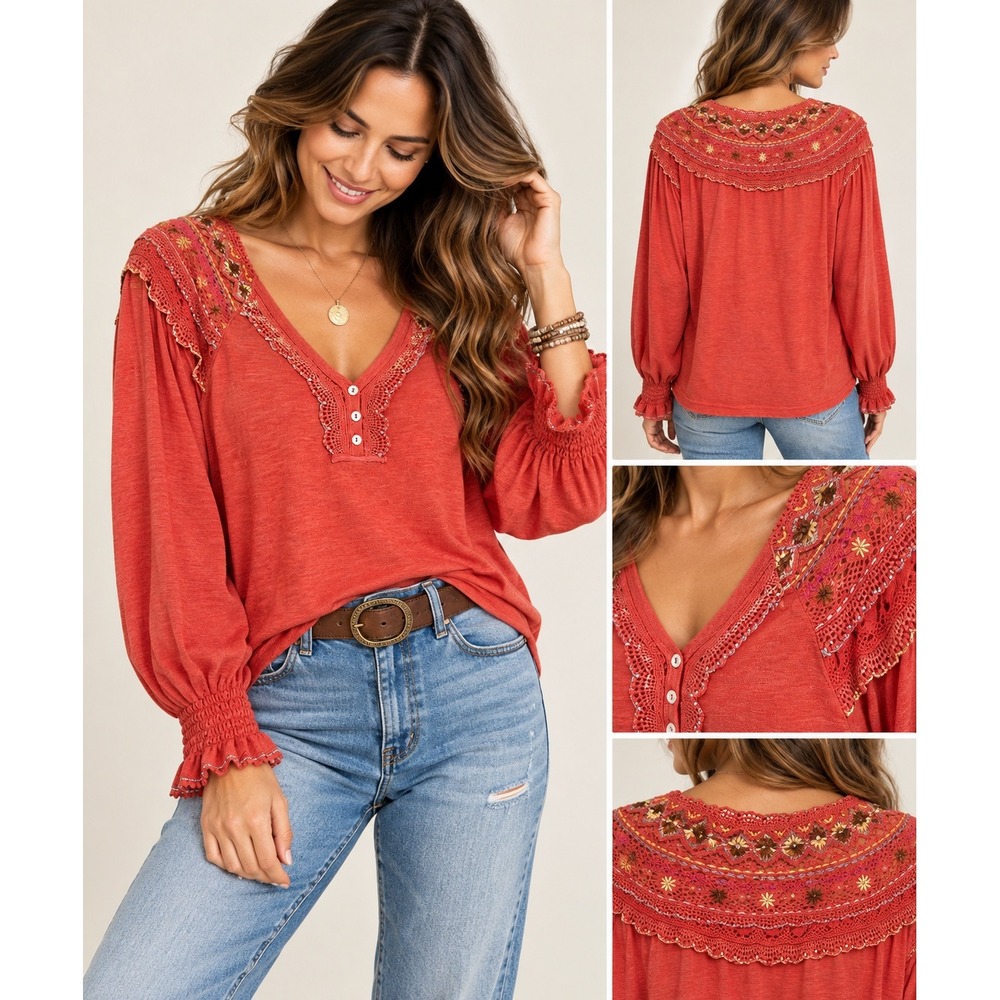 Free People Coral Red Crochet Embroidered Long Sleeve Henley Top Small